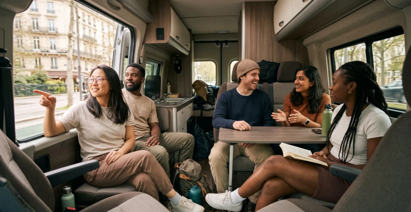 Interior view of campervan with diverse group of passengers seated together during travel through Paris