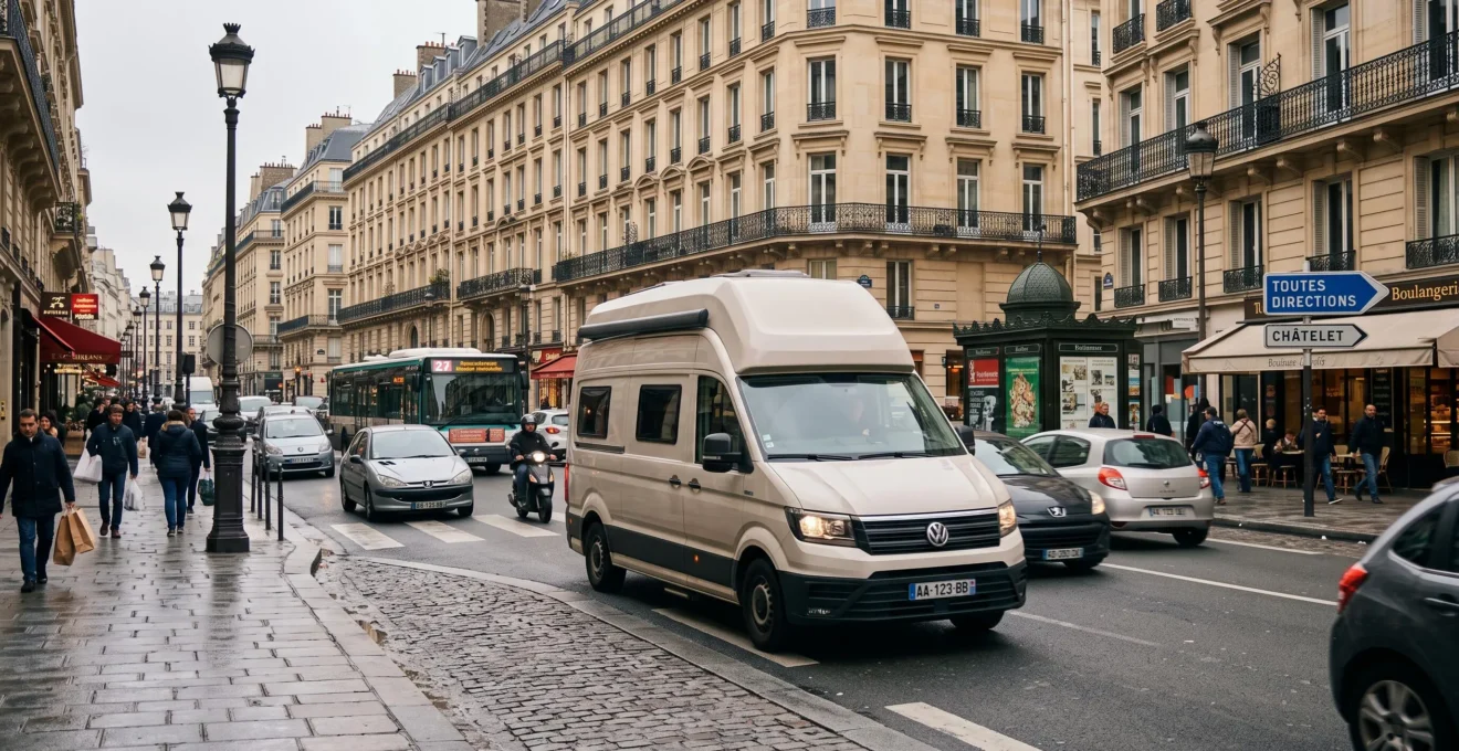 Modern campervan navigating through typical Parisian street traffic with Haussmannian buildings