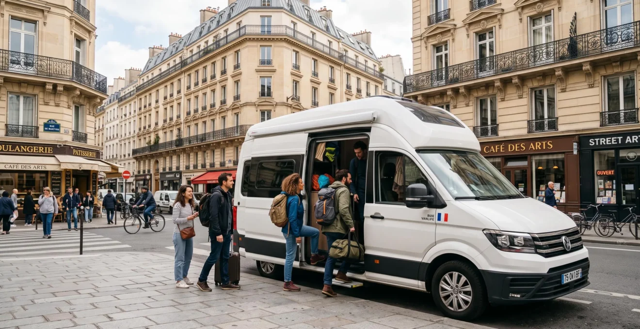 Group of six diverse travelers boarding a modern campervan parked on a typical Parisian street with Haussmannian buildings