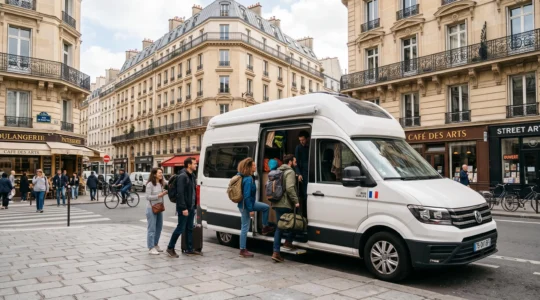 Group of six diverse travelers boarding a modern campervan parked on a typical Parisian street with Haussmannian buildings