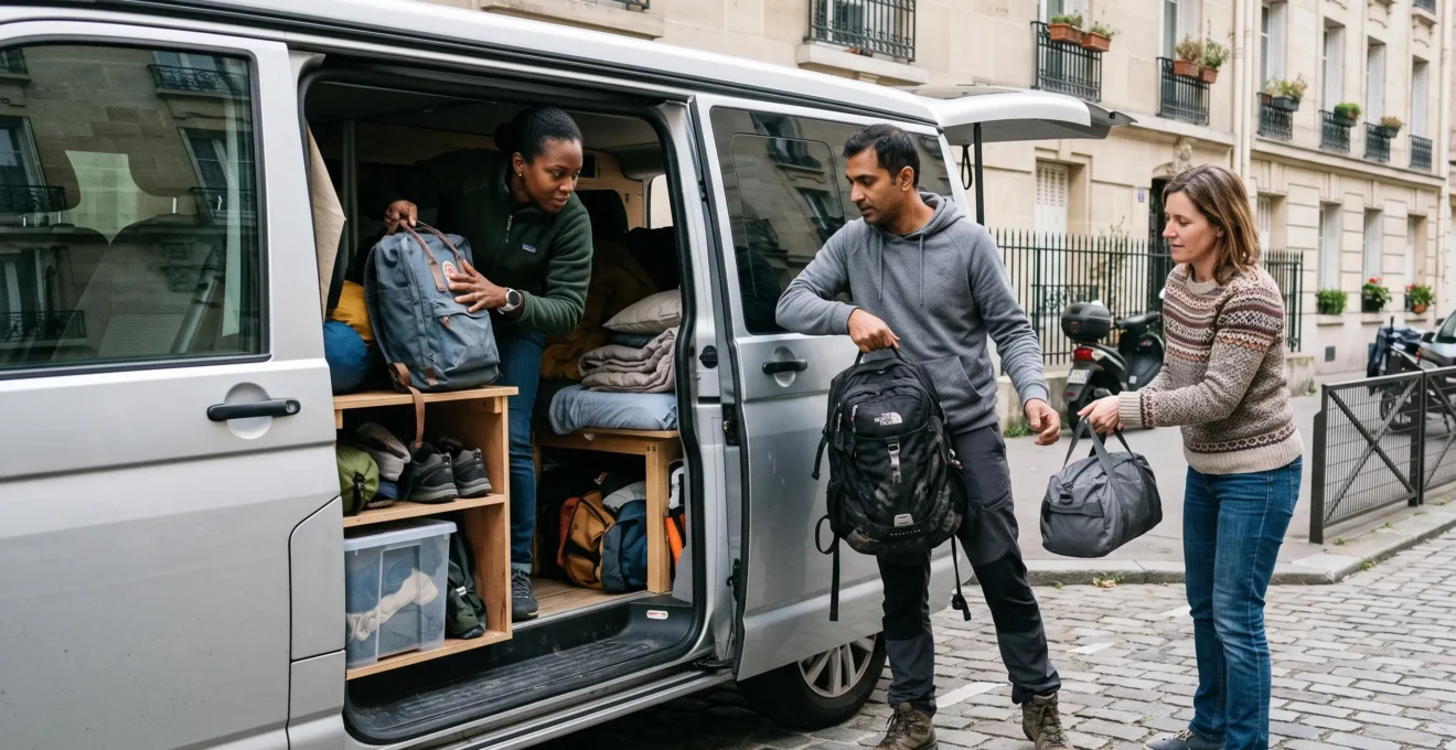 Travelers loading backpacks and luggage into the rear storage area of a campervan in Paris