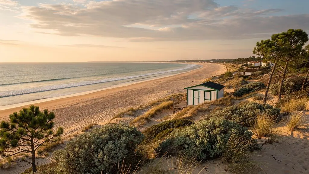 Natural sandy beach with coastal dunes and Atlantic Ocean on Île de Ré at golden hour