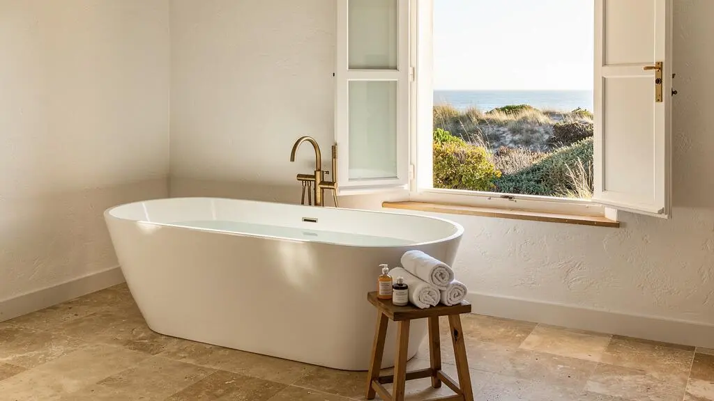 Luxury bathroom interior with freestanding bathtub next to window overlooking coastal landscape in Île de Ré villa