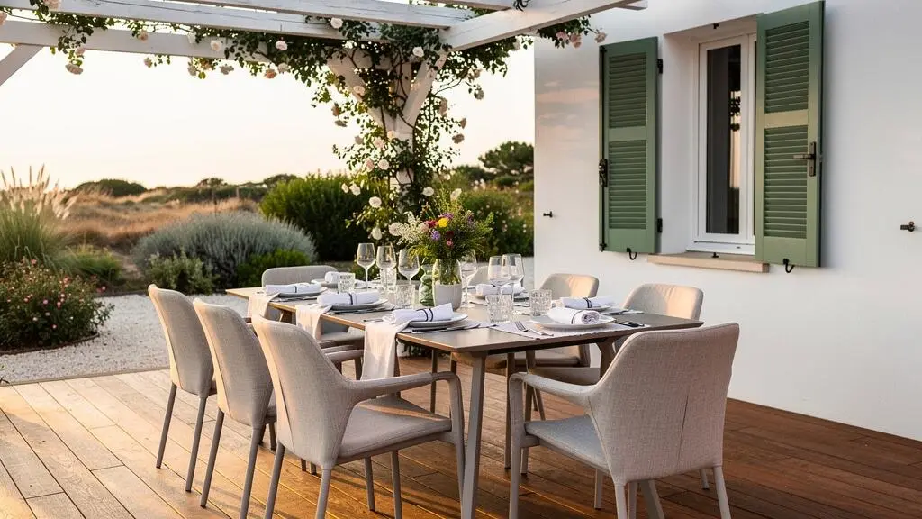 Elegantly prepared outdoor dining table on a villa terrace on Île de Ré with quality tableware and coastal garden setting