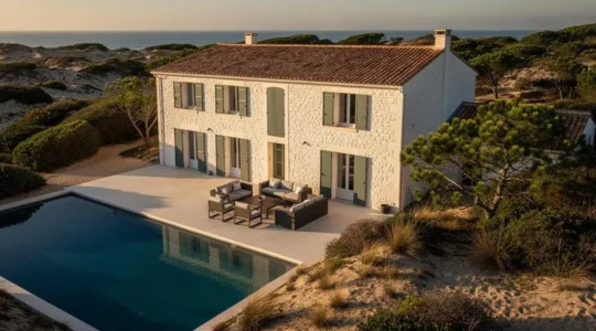 Luxury white villa with green shutters and private pool on Île de Ré coastline at golden hour