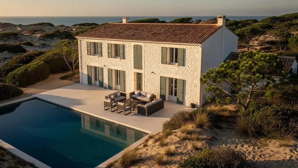 Luxury white villa with green shutters and private pool on Île de Ré coastline at golden hour