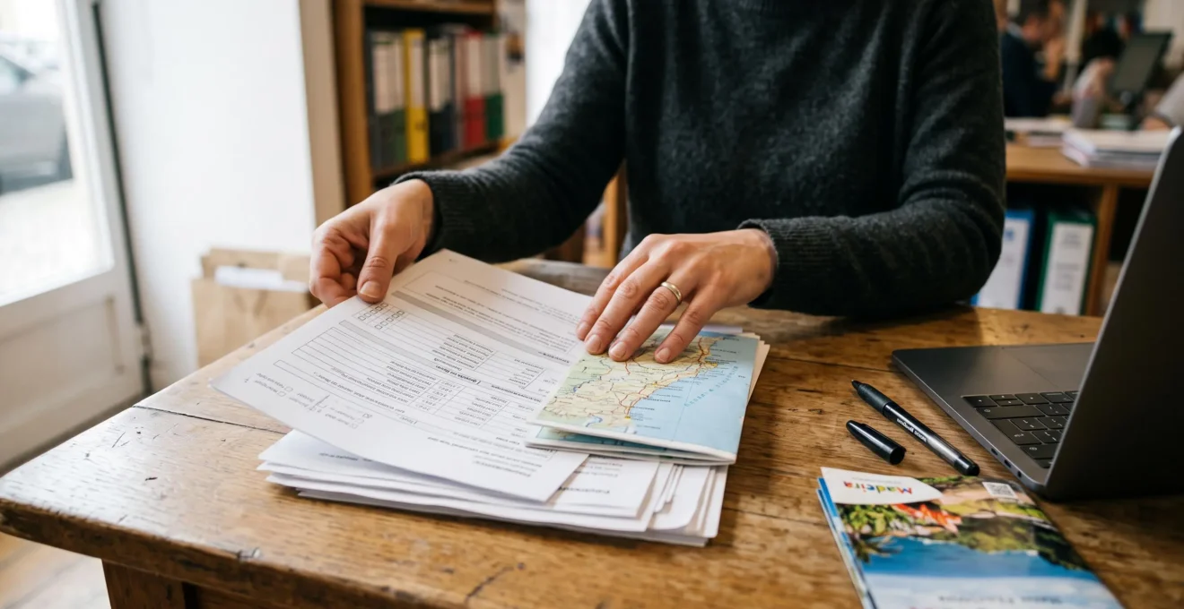 Close-up of a travel agent's hands organising printed itineraries and reservation documents on a wooden desk.