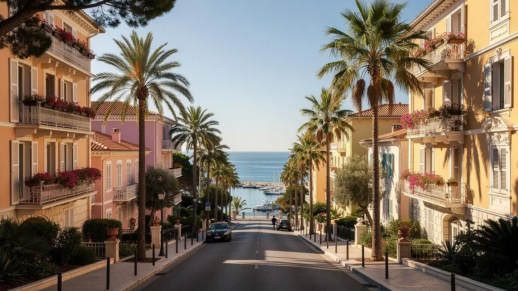 Tree-lined residential street with elegant pastel-colored buildings and palm trees in a Côte d'Azur town with sea view in distance
