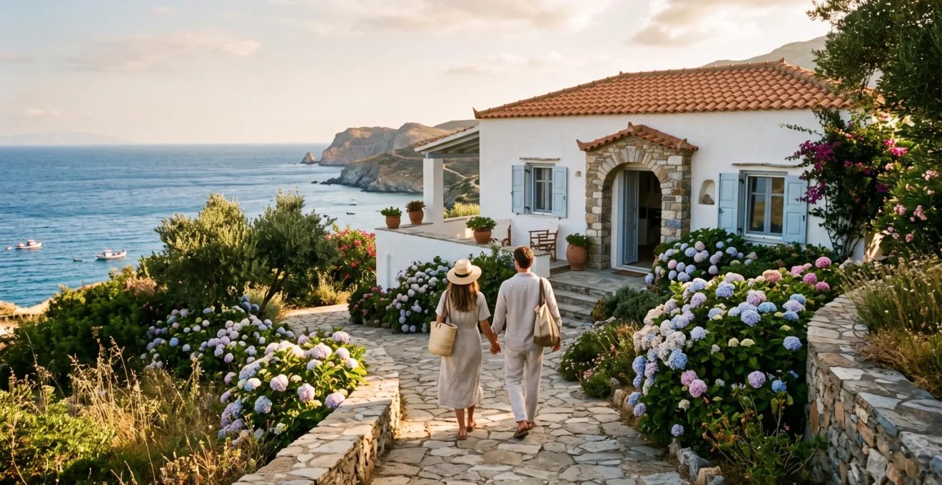 A couple walking along a garden path toward a whitewashed coastal villa with shutters under warm afternoon light.