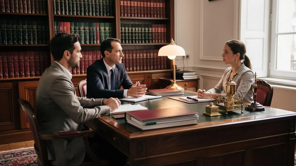 French notary meeting with international clients in traditional notarial office with legal reference books and property transaction documents