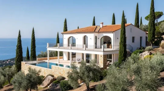 Contemporary white Mediterranean villa with terracotta roof and terraces overlooking the sea on the French Riviera