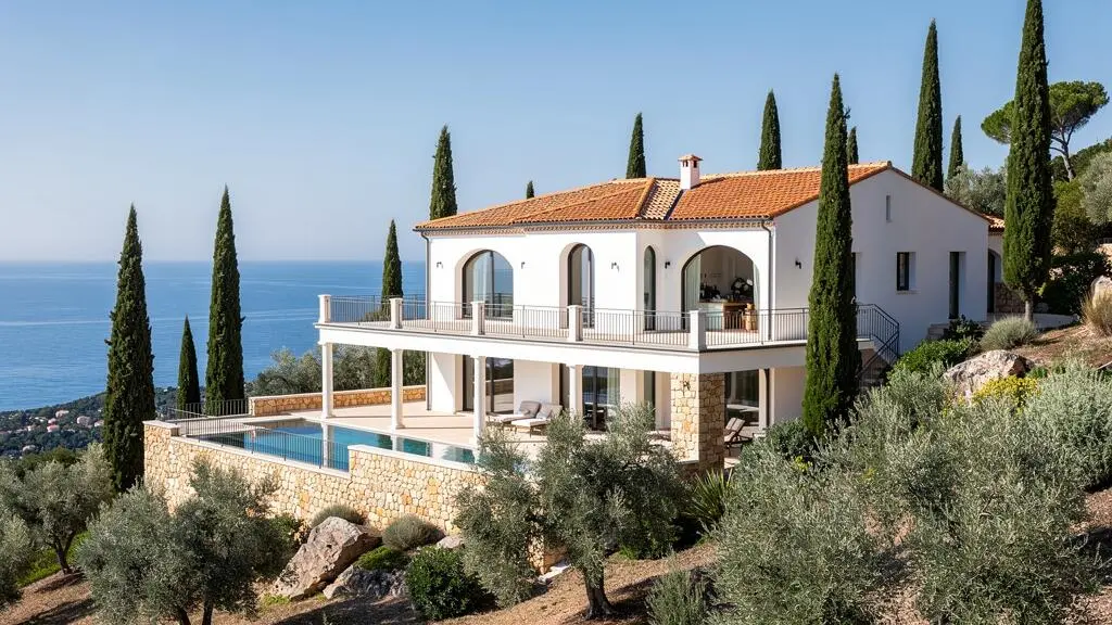 Contemporary white Mediterranean villa with terracotta roof and terraces overlooking the sea on the French Riviera