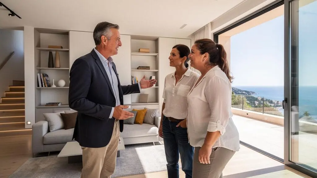 Real estate agent showing luxury villa interior features to international couple during property viewing on the French Riviera