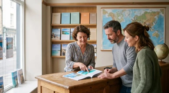 A travel agent showing a printed brochure to two clients at the counter of a travel agency with a world map on the wall.