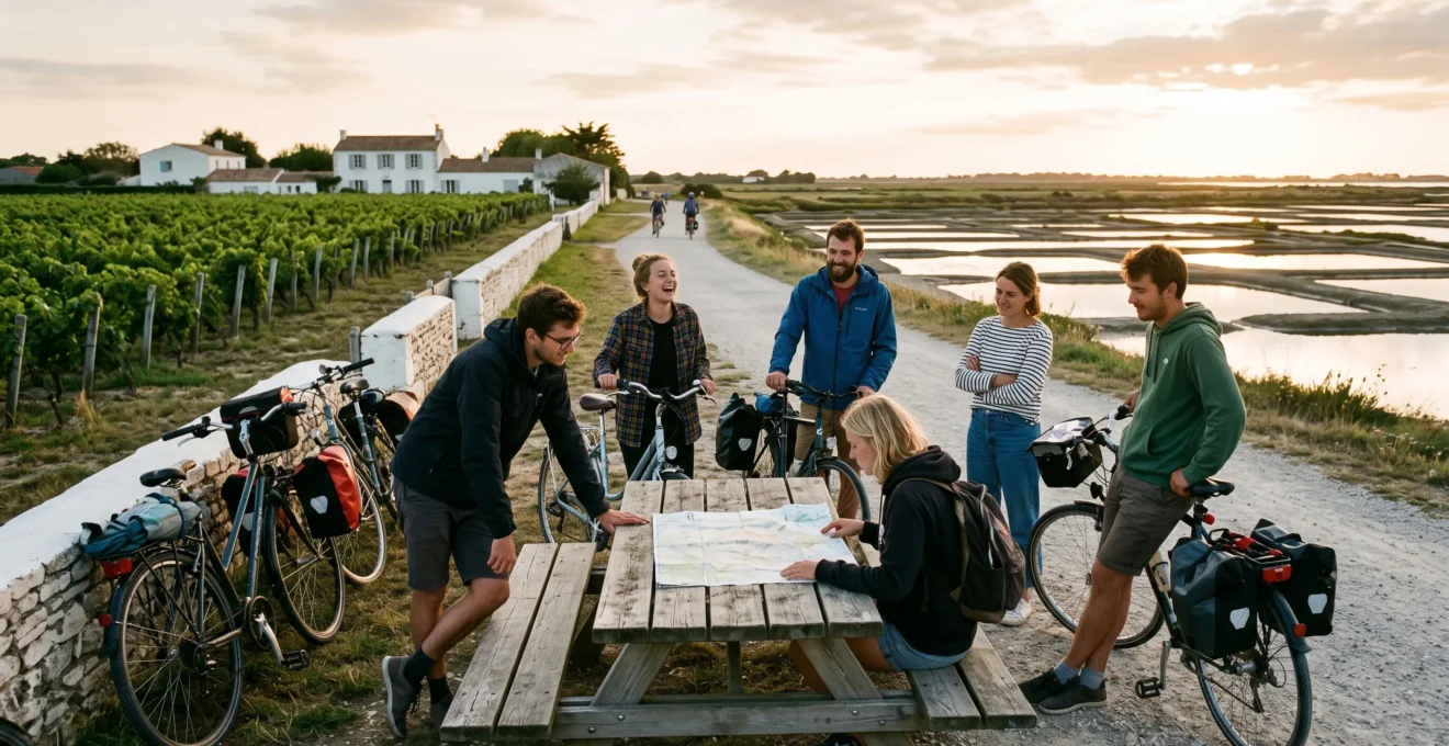 Friends with bicycles plan the next leg of their ride beside Île de Ré vineyards and marshes.