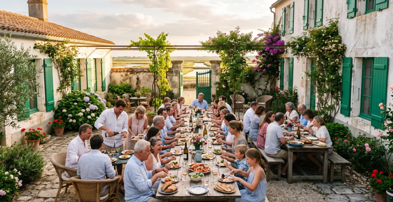 Families and friends sharing a meal in the garden of a luxury villa on Île de Ré.