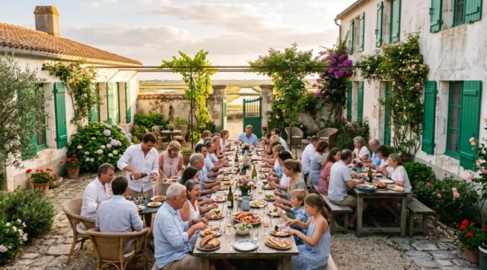 Families and friends sharing a meal in the garden of a luxury villa on Île de Ré.