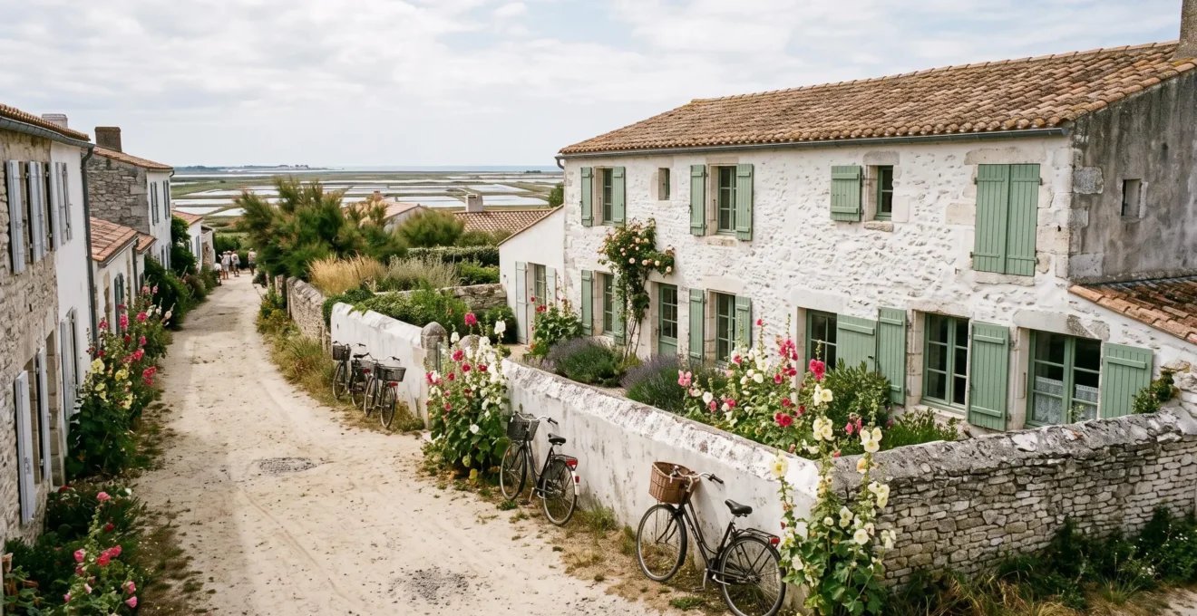 A luxury whitewashed villa behind a sandy lane lined with bicycles on Île de Ré.
