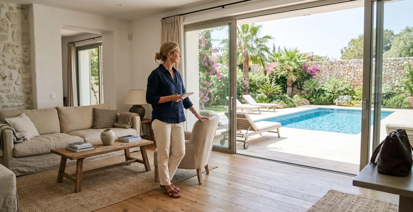 An adult inspects a bright villa living room opening onto a private pool and garden.